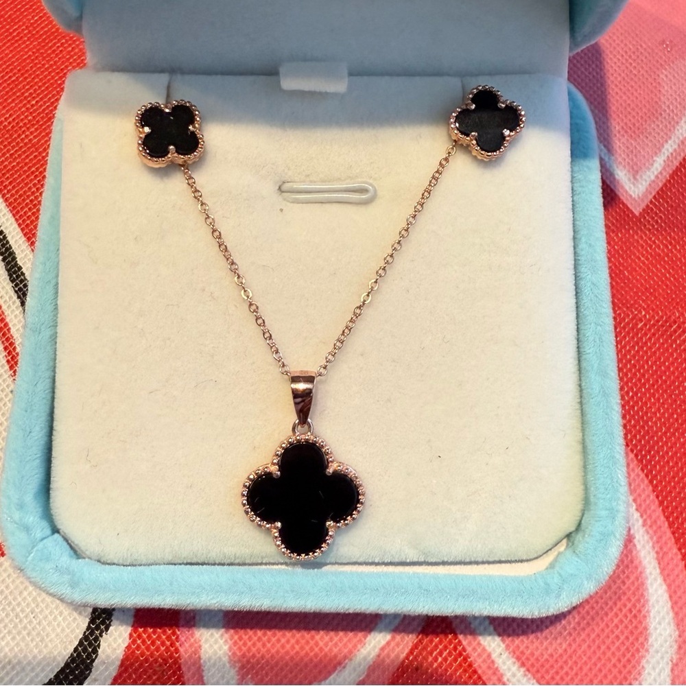 Clover 925 Sterling Silver Carnelian Black Earring And Necklace Set E5055